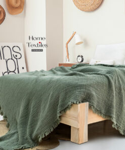 Yeşil Renk 4 Tarafı Saçaklı Müslin Yatak Örtüsü